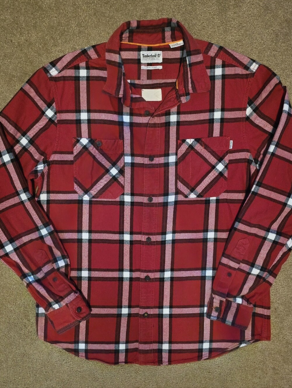 Timberland Red Black and White Plaid Button-Up Shirt